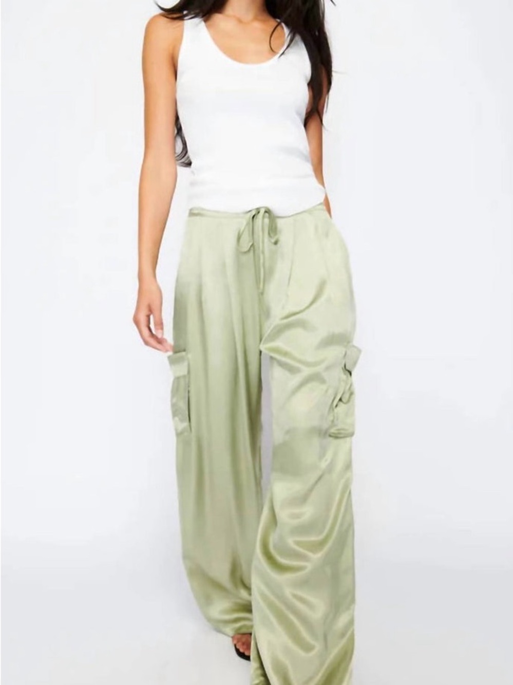 Nation LTD - Romeo Satin Wide Leg Cargo Pants Large Olive Oil Green